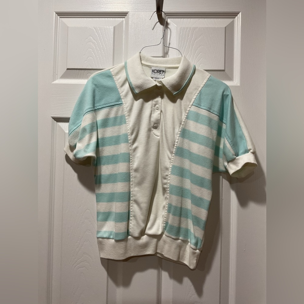 Aqua & white striped polo shirt fitted at the waist top